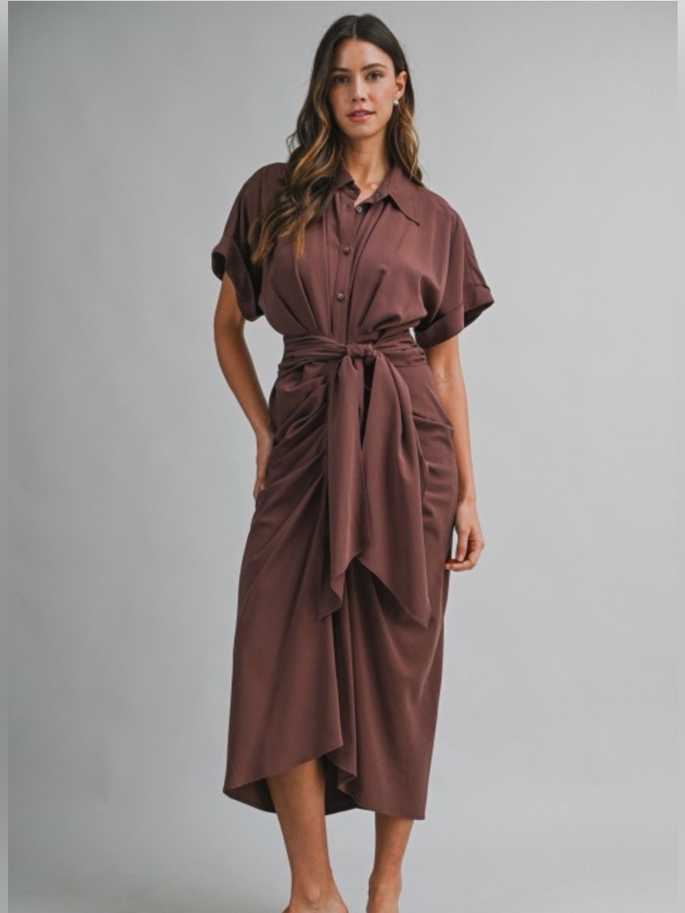 A706. Mable Tie-Waist Shirt Dress in Chocolate Brown